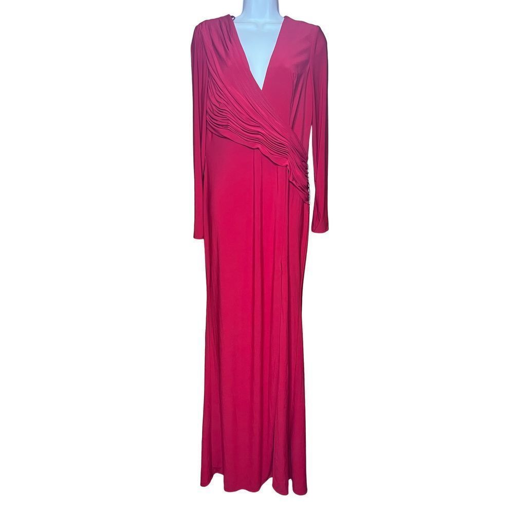 Mac Duggal Fuchsia V-Neck Long Sleeve Ruched Gown